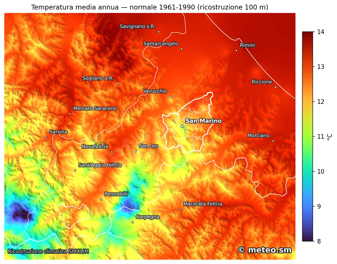 Mappa della temperatura media annua, normale 1961-1990, ricostruita su griglia di 100 metri tra Romagna, Montefeltro e San Marino